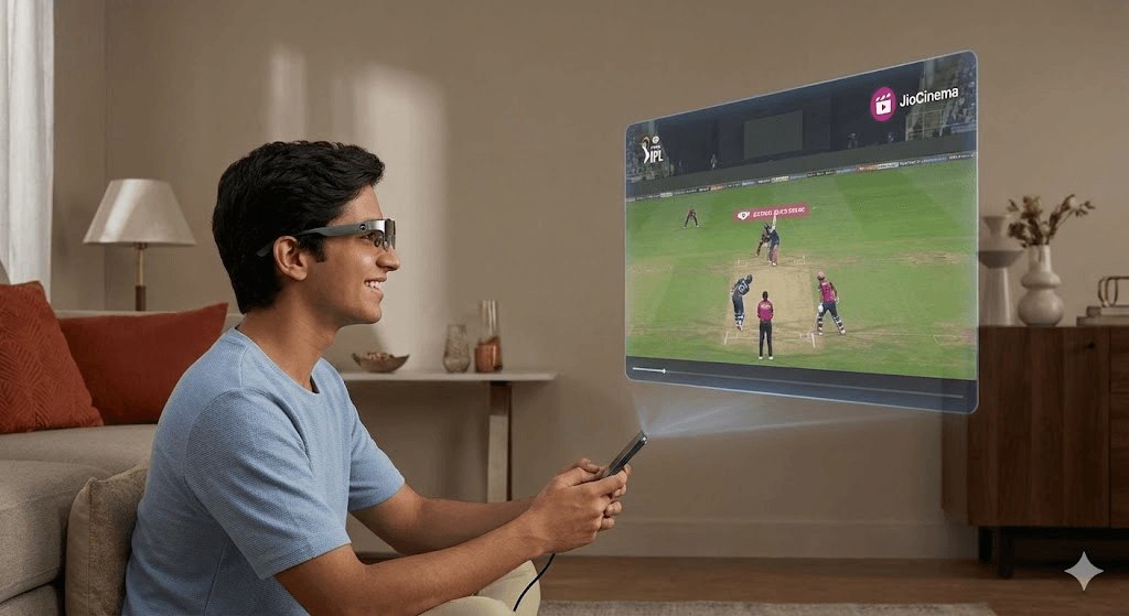 Person wearing JioGlass Air AR glasses watching cricket match on virtual screen in India
