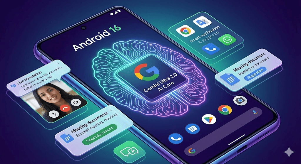 Android 16 interface showing deep Google Gemini AI integration with smart features